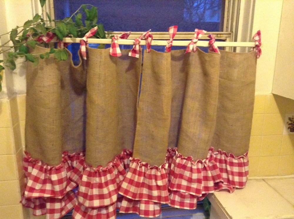 Handmade French Country Cafe Style Burlap And Gingham,with 2 Tires Of Ruffles