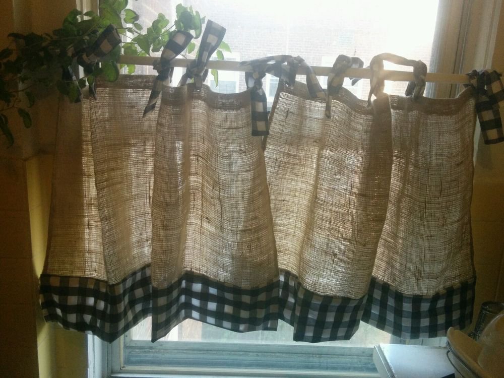 Handmade French Country Cafe Style Burlap And Gingham, Set of 2 Panels