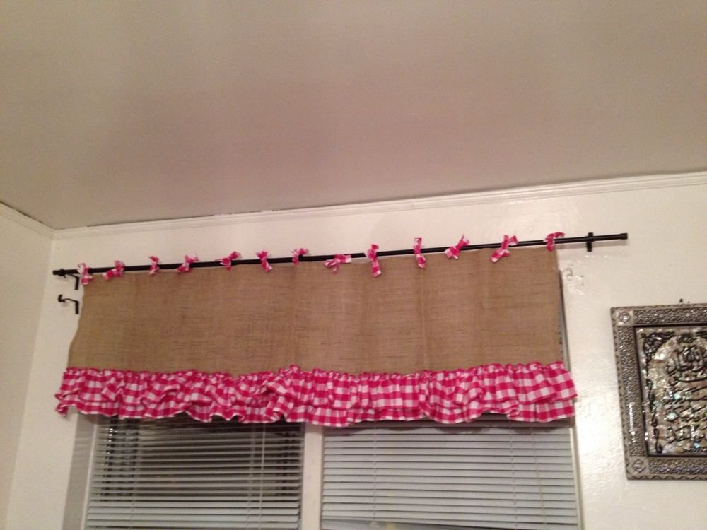 Burlap Natural Valance Window Treatment With Pink Gingham 2tires Of Ruffles