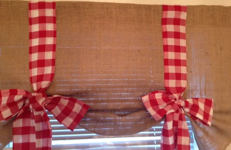 Handmade Tie Up Burlap Valance With Red Gingham Bow