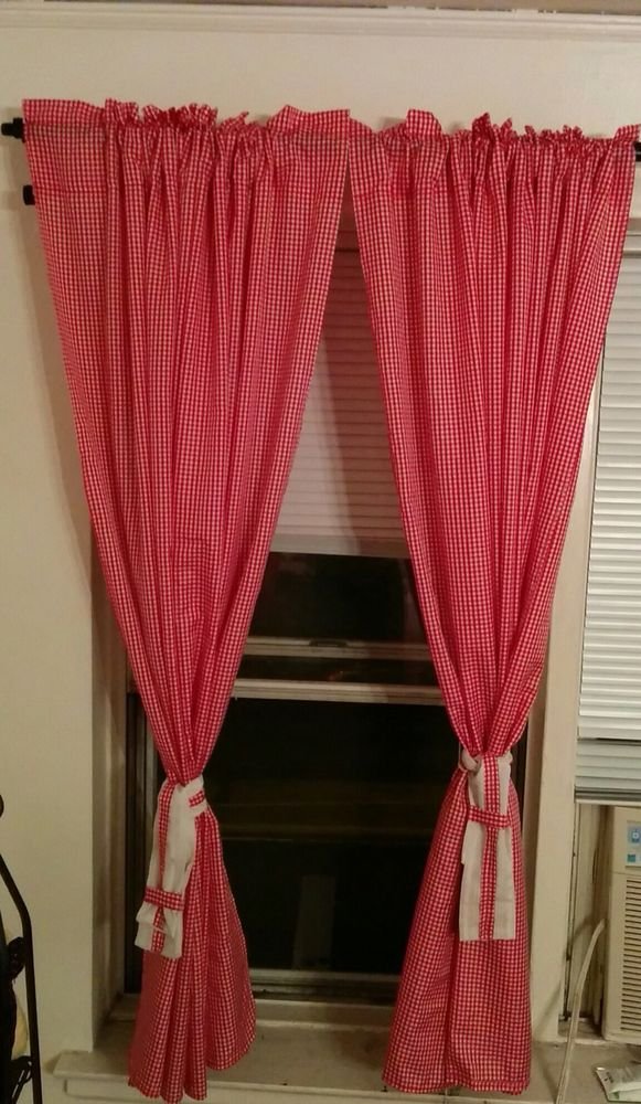 Handmade French Country Style Red Gingham Curtain With Tie Back