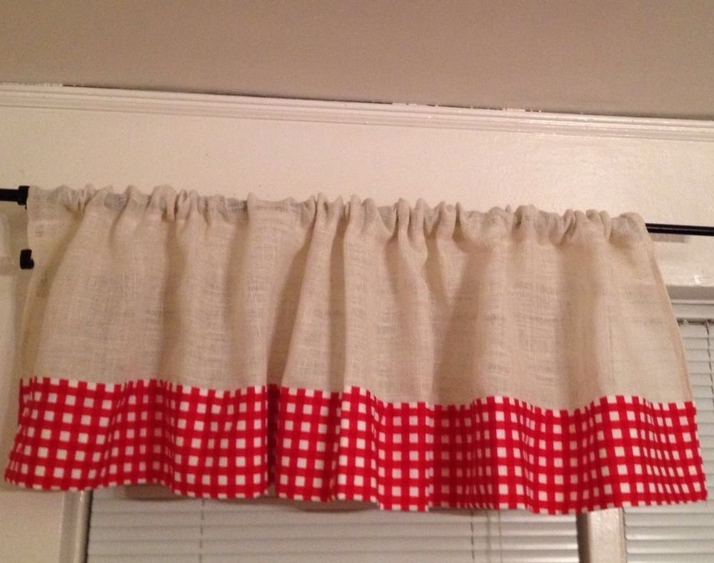 Handmade White Burlap Valance With Red Gingham Window Treatment Rustic Look