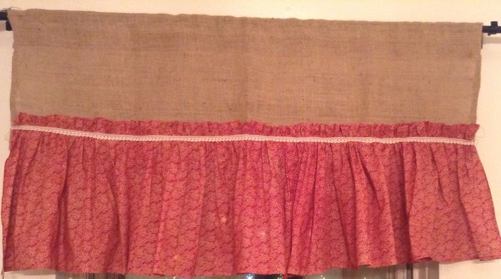 Handmade Natural Burlap Valance With Red Cotton Ruffle Skirt And Lace Trim