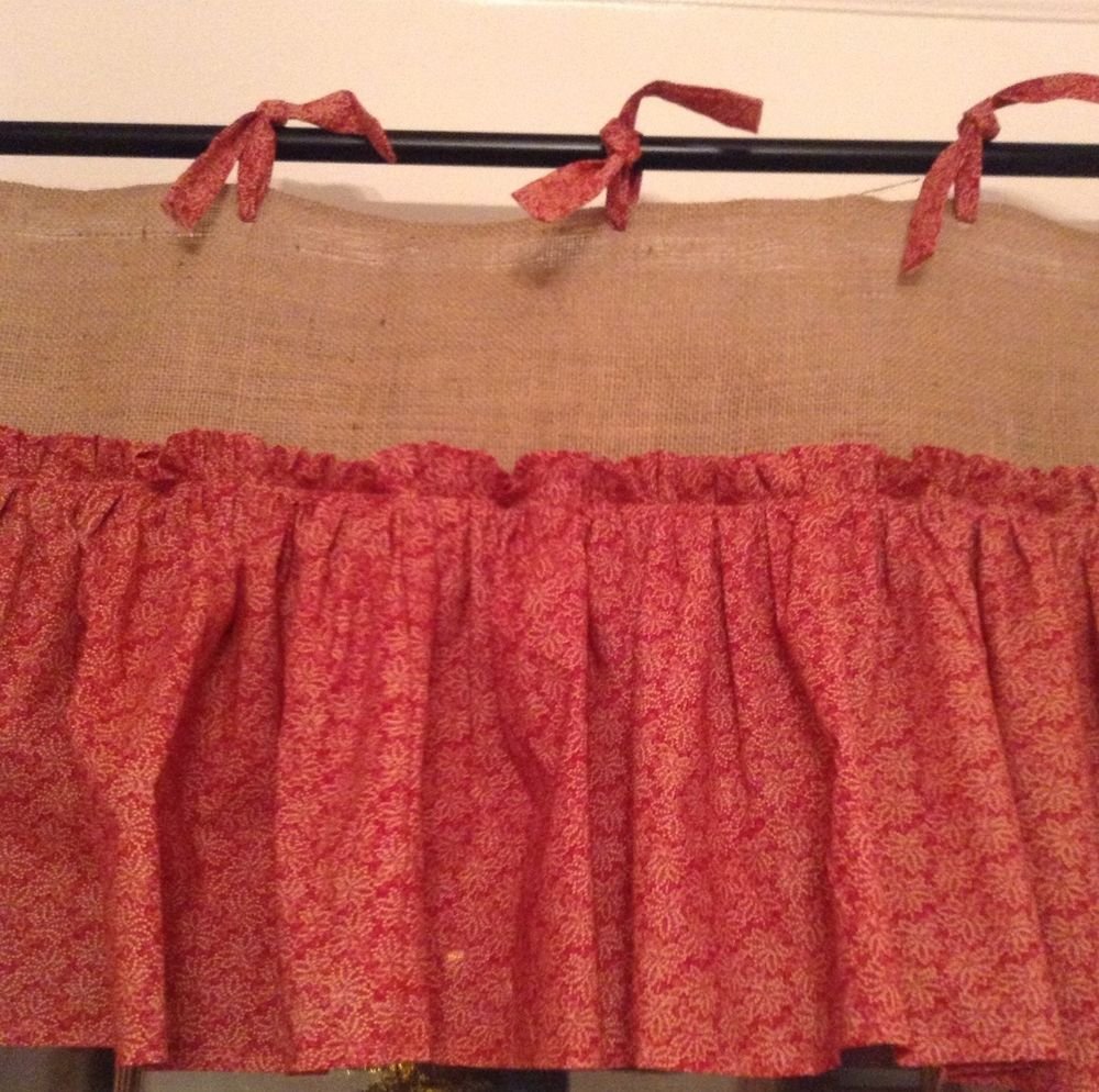 Handmade Natural Burlap Valance With Red Cotton Ruffle Skirt And Matching Ties