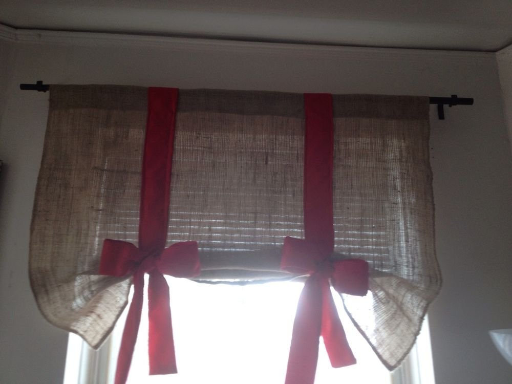 Handmade Tie Up Burlap Valance With Big Red Bow Happy Holidays