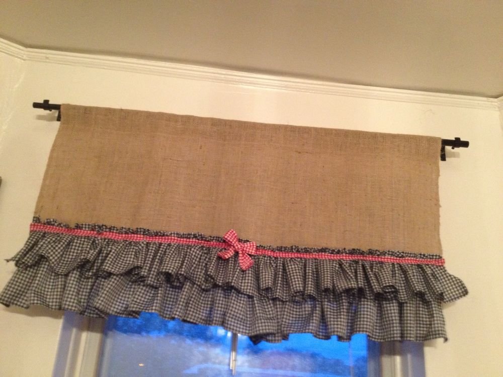 Handmade Natural BurlapValance With Black Gingham 2tires Of Ruffles And Red Bow