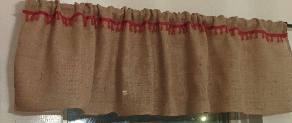Handmade Burlap Natural Valance Window Treatment Rustic Look With Red Trim