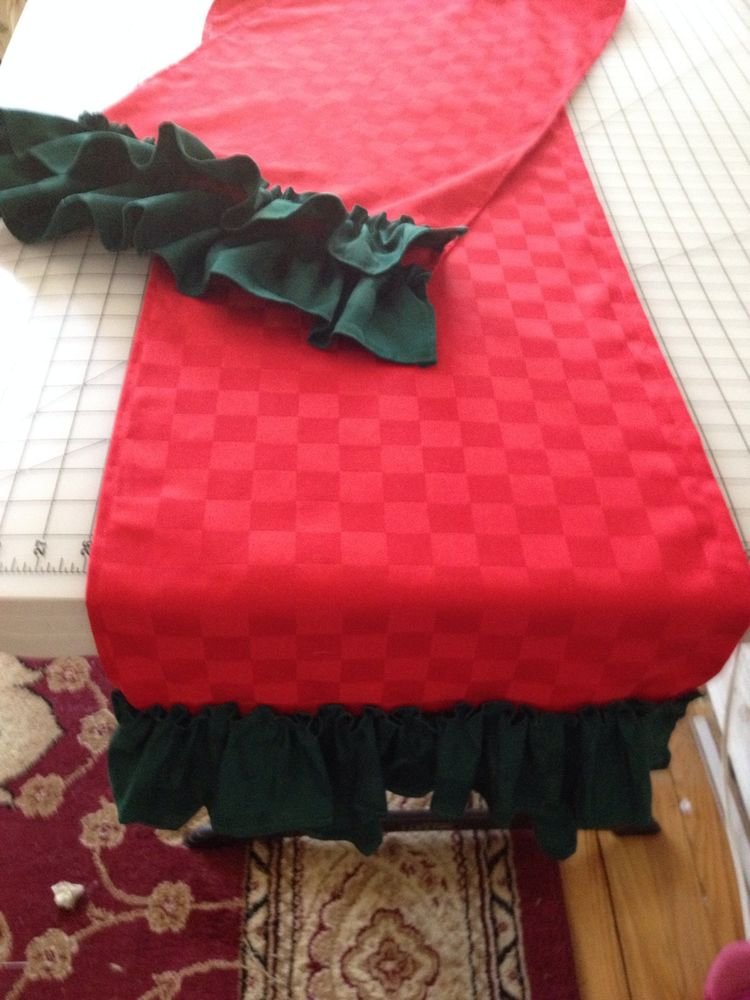 Handmade Red Table Runner With Green Ruffles Holiday Spirits