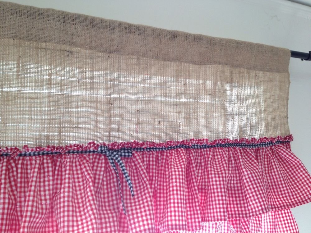 Handmade Natural BurlapValance With Red Gingham 2tires Of Ruffles