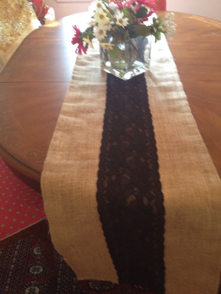 Handmade Natural Burlap Table Runner with Black Lace Center