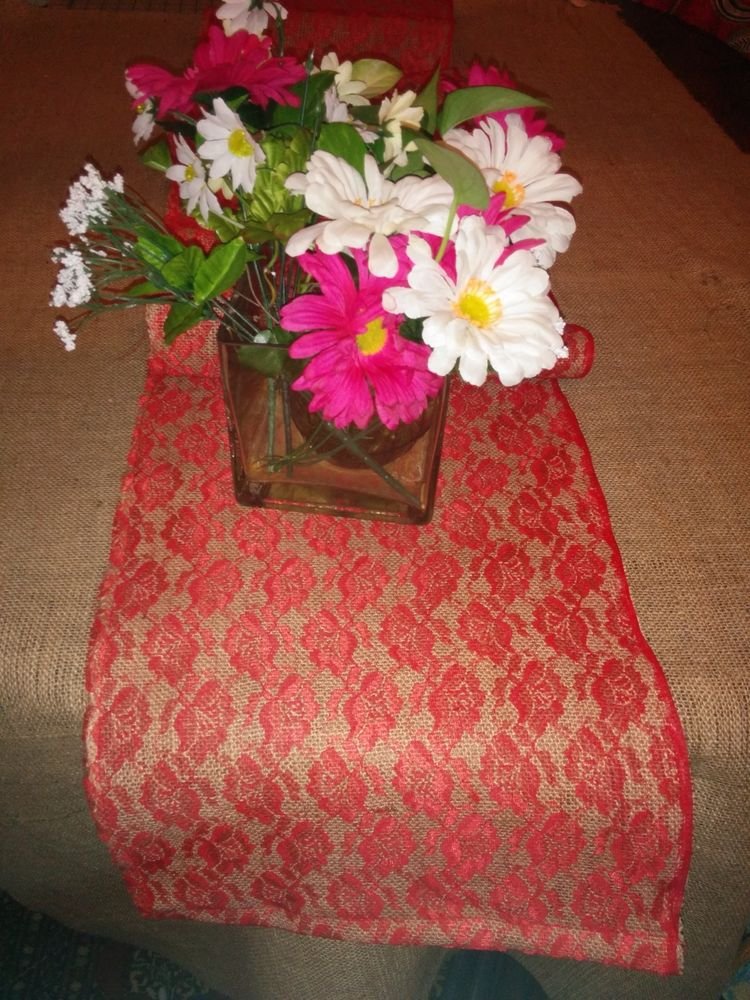 Handmade Natural Burlap Table Runner Coverd With Red Lace Happy Holidays