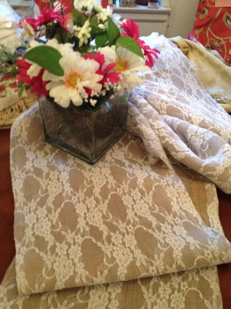 Handmade Natural Burlap Covered With White Lace Table Runner