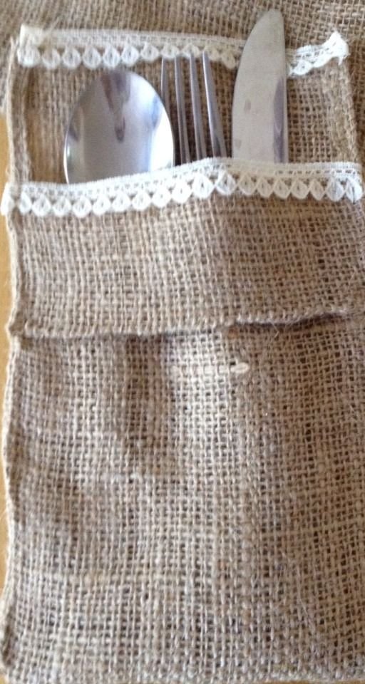 Handmade Set of 6 Burlap And Lace Utensil Holders