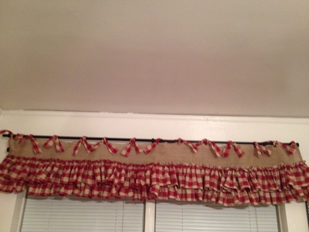 Handmade Natural Burlap Valance With Burgundy Gingham Ruffles And Matching Ties