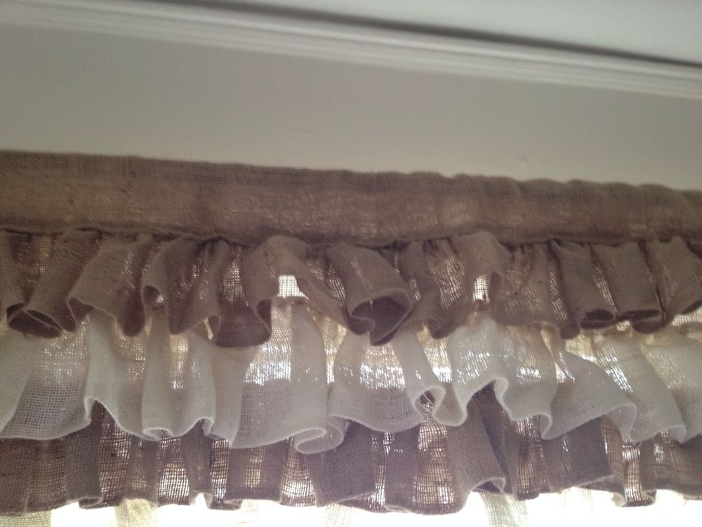 Handmade Natural Burlap Valance With 4 Tires Of 2sha Ruffles In 2 Shades Burlap