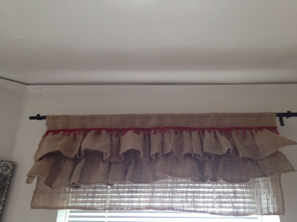Handmade Natural Burlap Valance With 2 Tires Of Burlap Ruffles And Red Beads