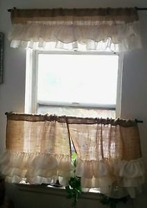 Handmade French Country Cafe Style Burlap With 3 Ivory Tires Of Ruffles Set