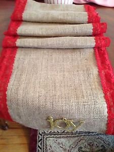 Handmade Natural Burlap Table Runner With Red Lace And Golden Removable JOY