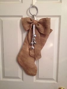 HandmadeBURLAP STOCKING with Big Burlap Bow And Silver Bells Happy Holidays