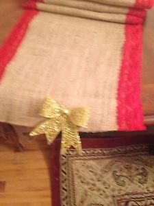 Handmade Natural Burlap Table Runner With Red Lace And Golden Removable Bow