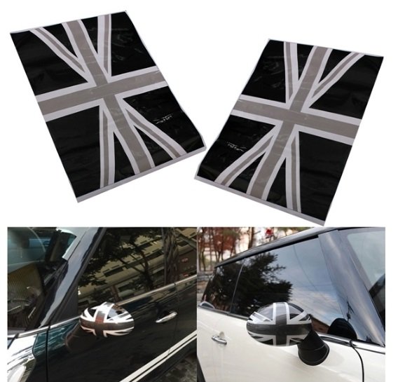 2Pcs Black Union Jack Flag Vinyl Mirrors Stickers For Mini Cooper