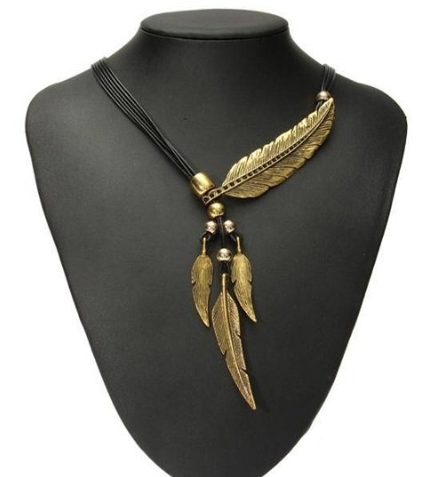 Vintage Multilayer Black Rope Feather Pendant Necklace For Women