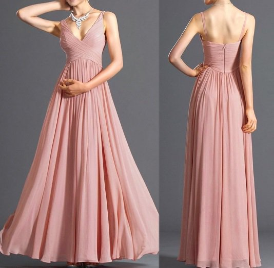 Women Strap Chiffon Party Cocktail V Neck Bridesmaid Wedding Formal Pleated Long Dress