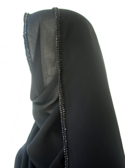 Large Black Hand-Embroidered &Studded Silk Hijab/Abaya