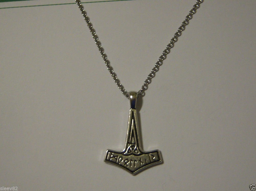 Pewter Thor's Hammer Writing on a 24" Stainless Steel Necklace Norse God Mjolnir