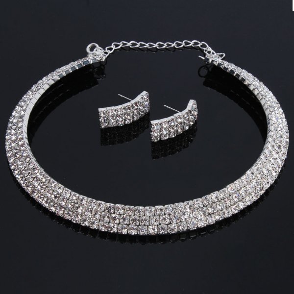 Wedding / Bridal Three Rows Rhinestone Necklace Choker Earring Set