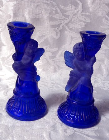 Pair of Cobalt Blue Glass Cherub Candlesticks