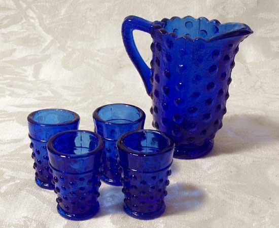 Colbolt Blue Glass Hobnail Water Set