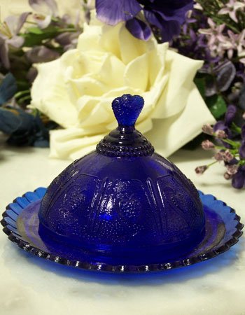 Round Cobalt Blue Glass Strawberry Butter Dish