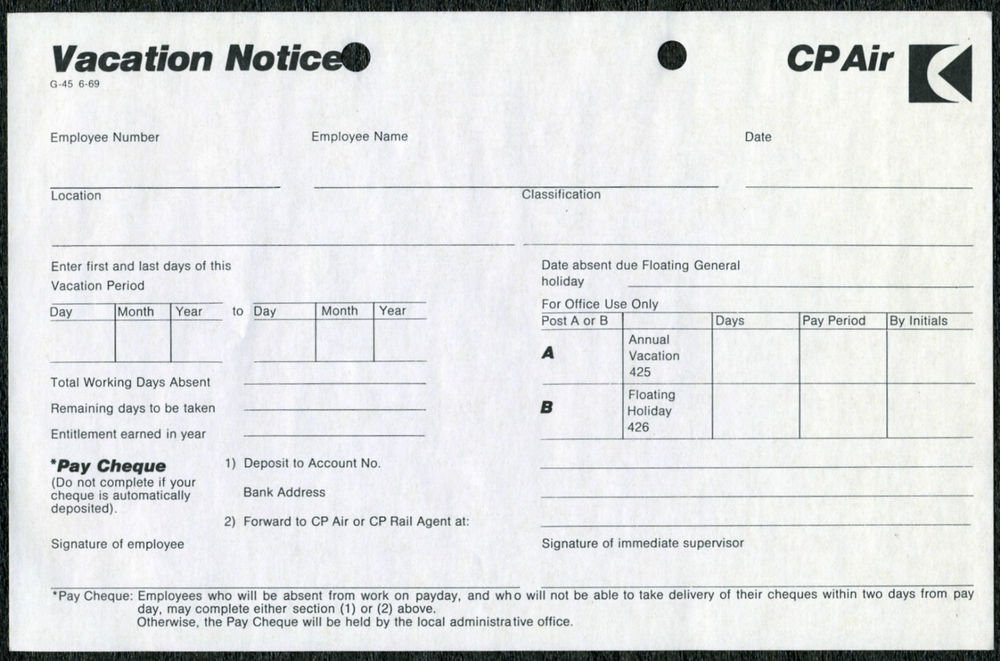 CP AIR - Canadian Pacific Airlines - VACATION NOTICE FORM Unique, Rare