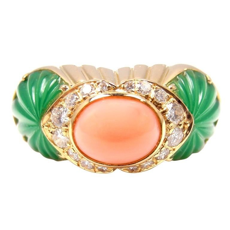 Cartier Chalcedony Pink Coral Diamond 18K YG Ring Size 52 Rare