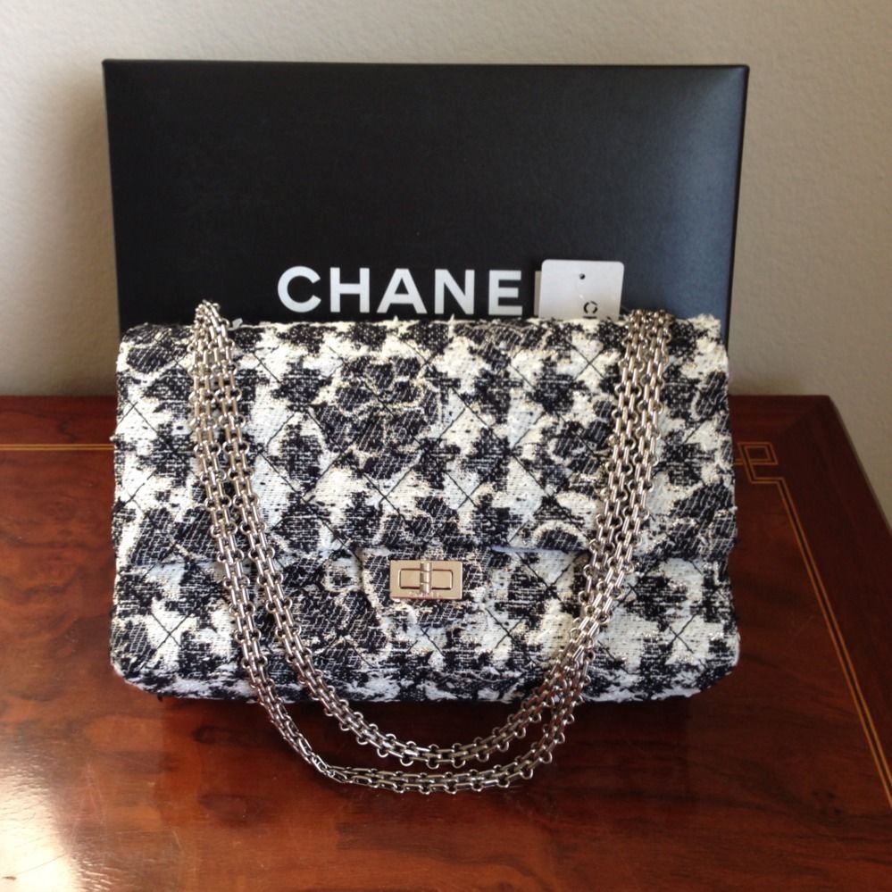 100% Authentic CHANEL Classic 2.55 Black White Camelia Tweed Flap Bag NWT