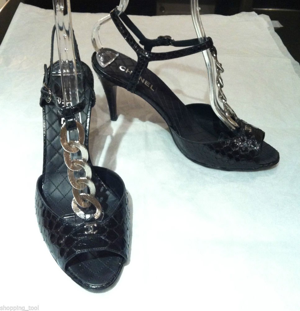 Authentic CHANEL Black Python Chain CC Strappy Sandals Shoes NEW 40