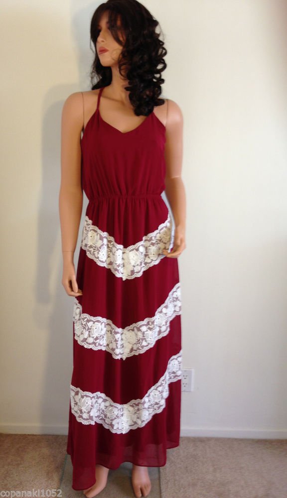 Burgundy White maxi DRESS lace hippie boho long party gypsy embroidered SMALL
