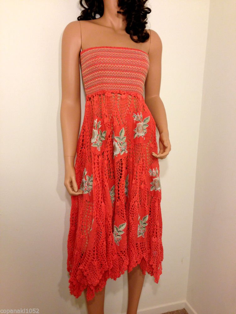 Free People Anthropologie Crochet Dress boho hippie midi strapless MEDIUM