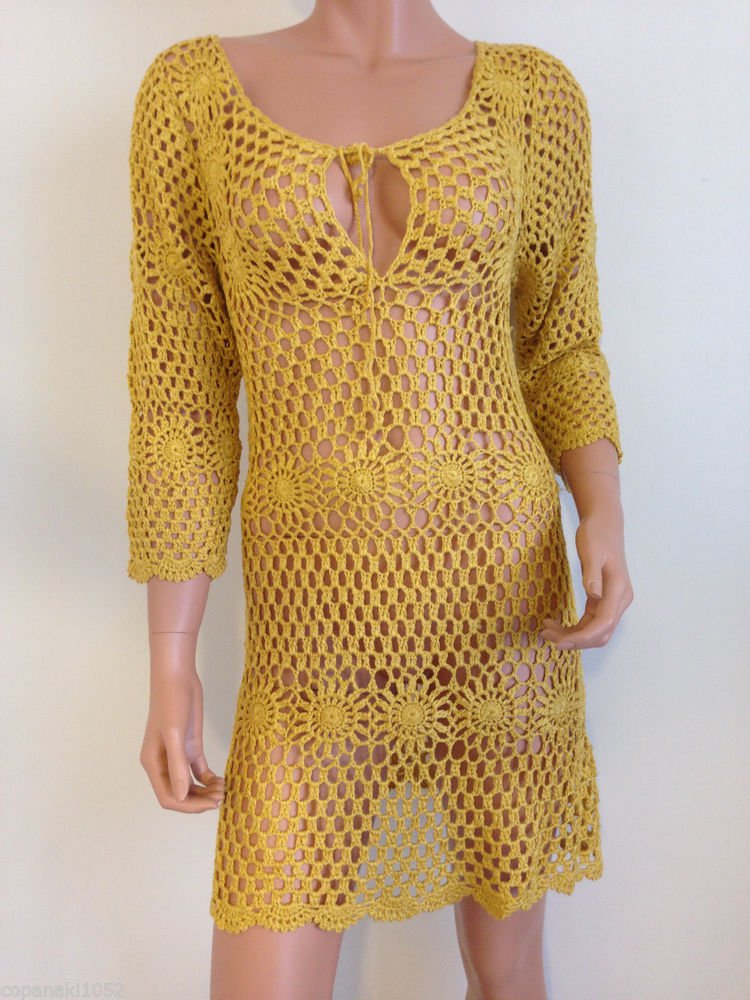 Mustard yellow CROCHET BOHO DRESS knit long sleeve hippie bohemian SMALL MEDIUM