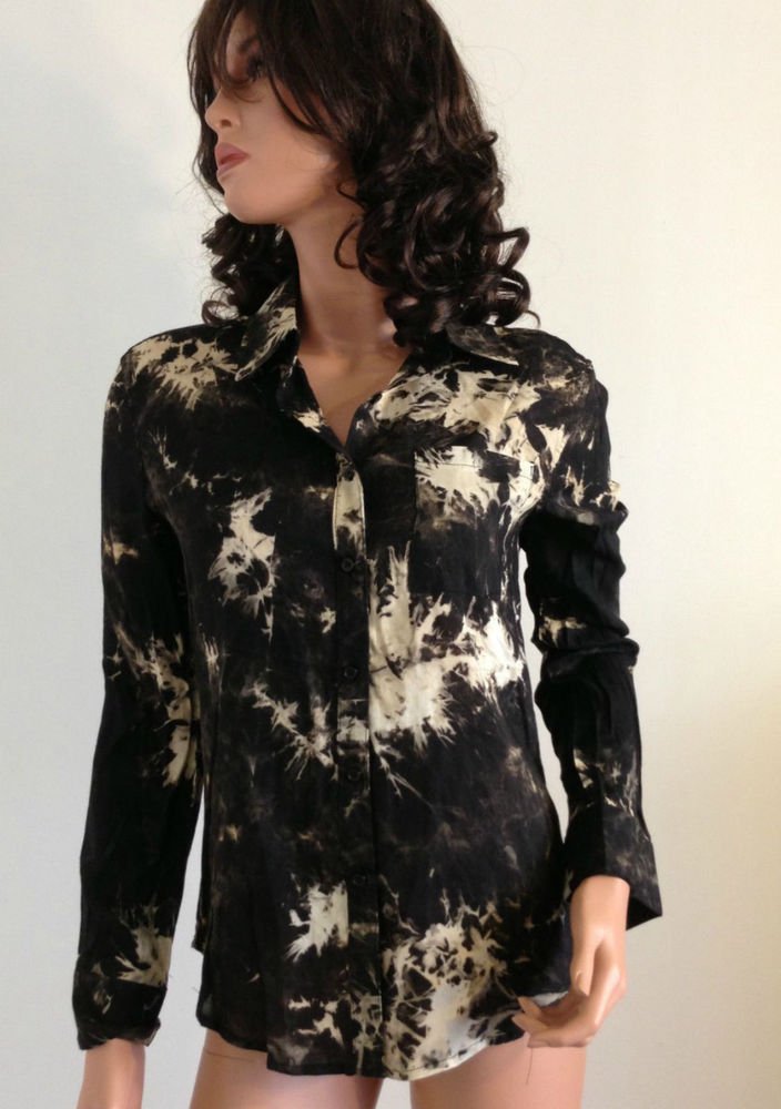Tie Dye Ombre vtg Beige shirt top blouse retro boho hippie bohemian 70s SMALL