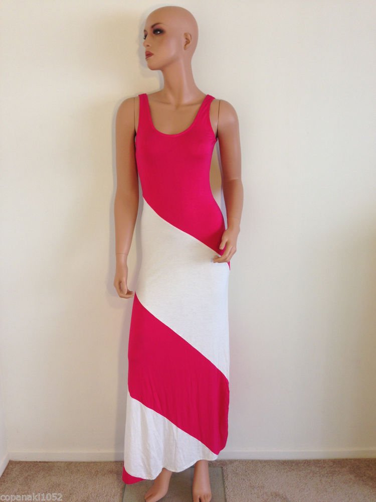 Pink Maxi dress striped colorblock color block long white sexy hippie SMALL