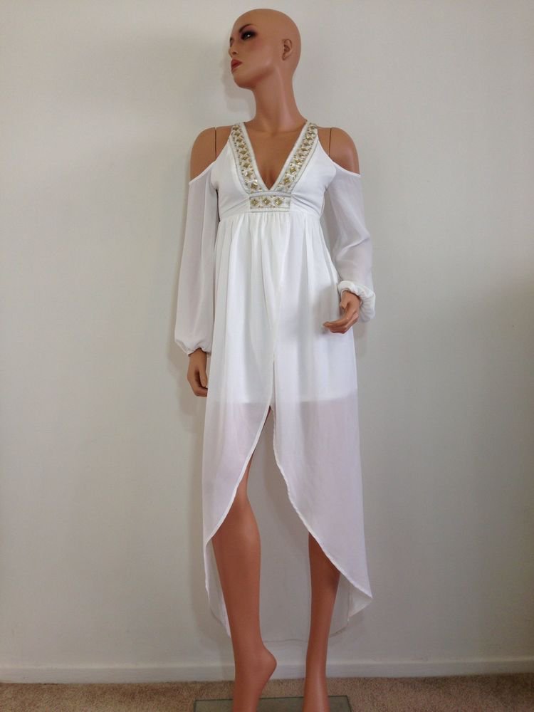 White Maxi Mini Dress Wedding beaded 70s Inspired XS EXTRA SMALL