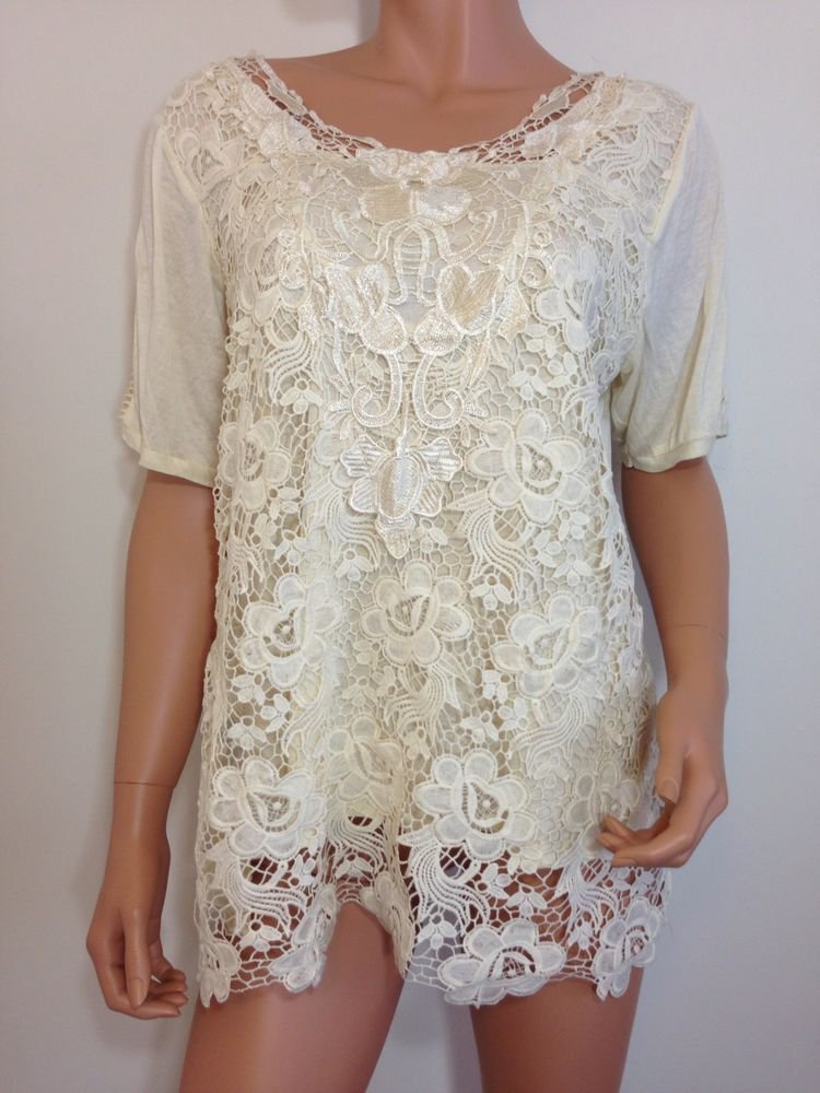 Ivory Cream crochet top blouse tunic hippie bohemian LARGE