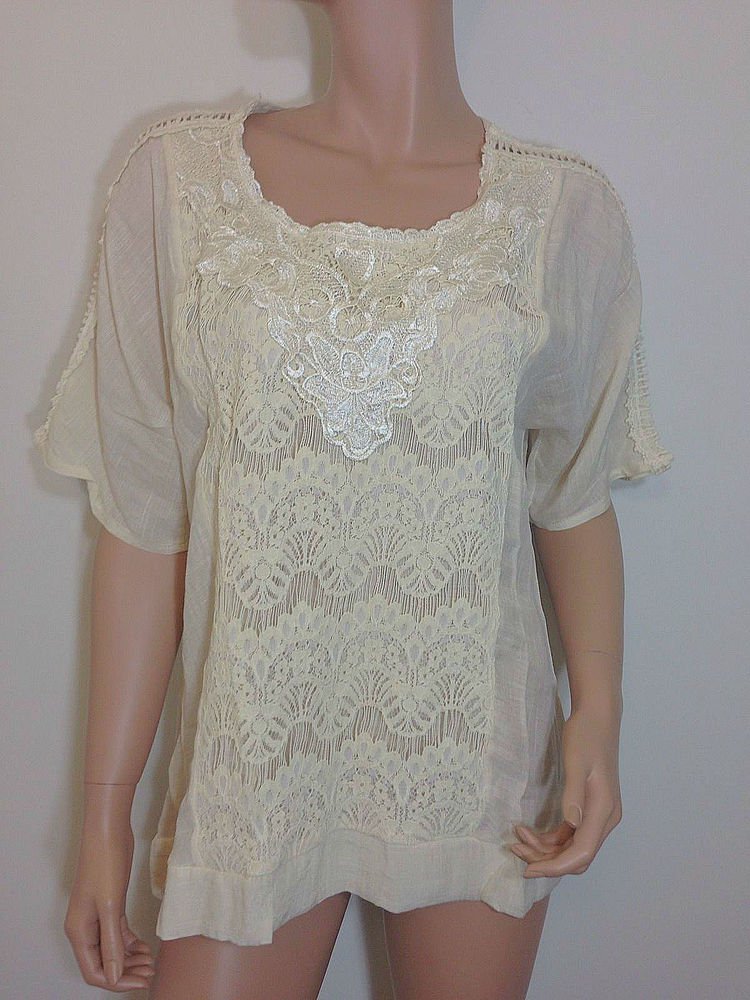 Crochet Lace Tunic Blouse Top hippie bohemian hobo gauze LARGE