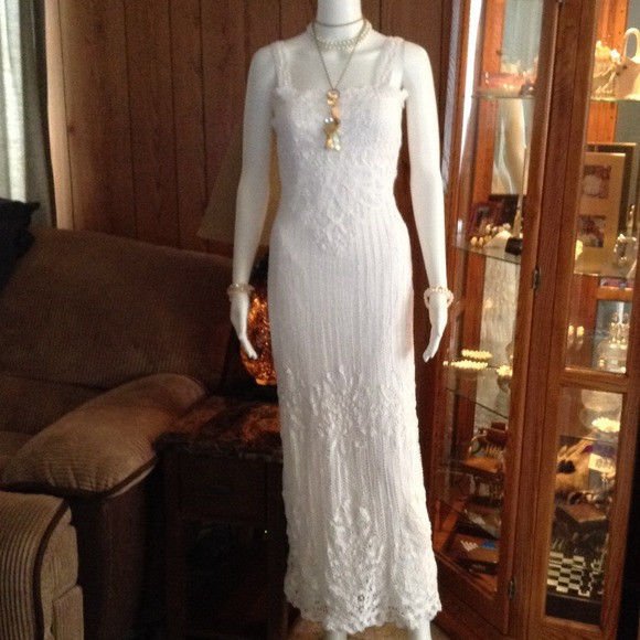 White Crochet Lace Dress maxi long beaded gatsby flapper scallop 20s XS SMALL
