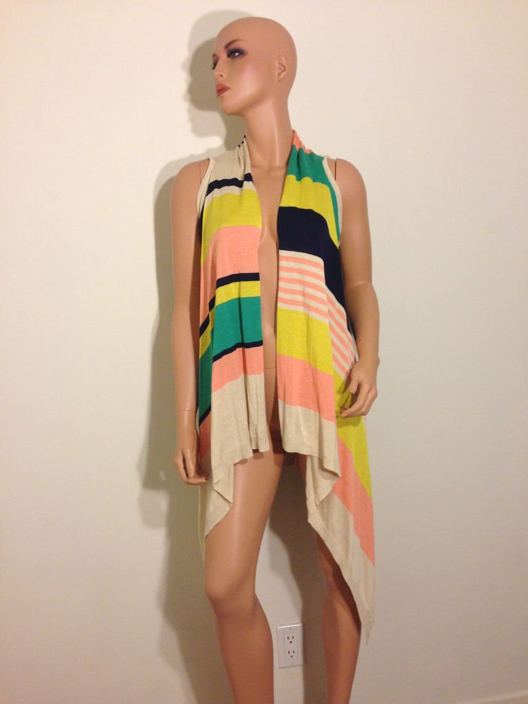 Striped Vest ivory green yellow cardigan tunic top blouse SMALL MEDIUM