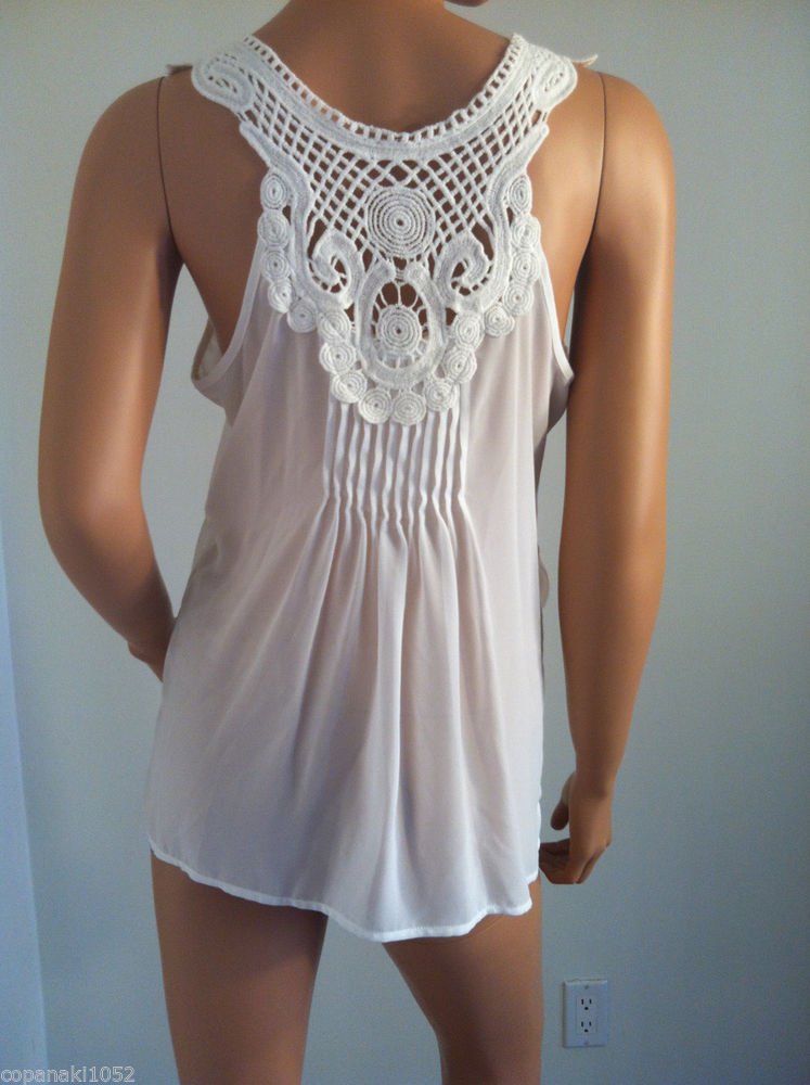 White Crochet back shirt top blouse asos topshop anthropologie racerback MEDIUM
