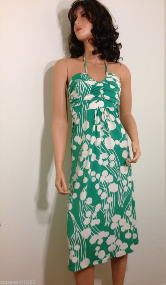 Green white halter polka dot retro hippie boho maxi DRESS / SMALL