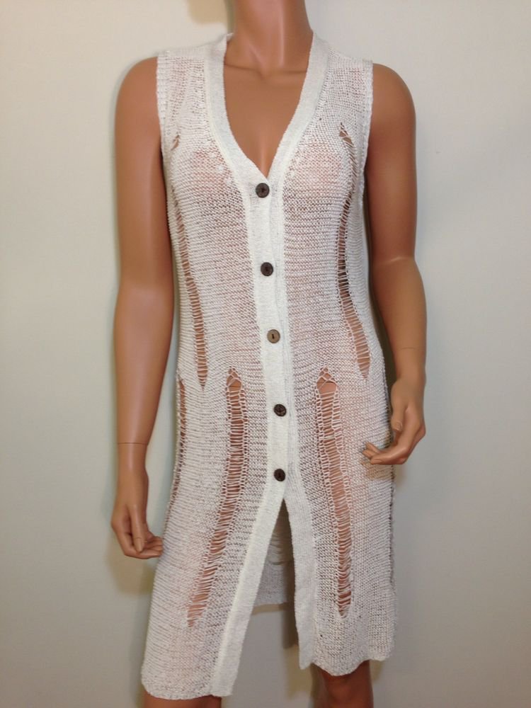 White Cut Out Button Down Blouse Top Sweater Knit SMALL MEDIUM